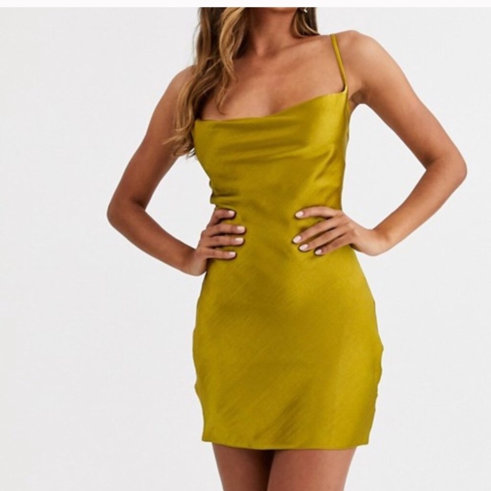 asos design mini satin cowl slip dress